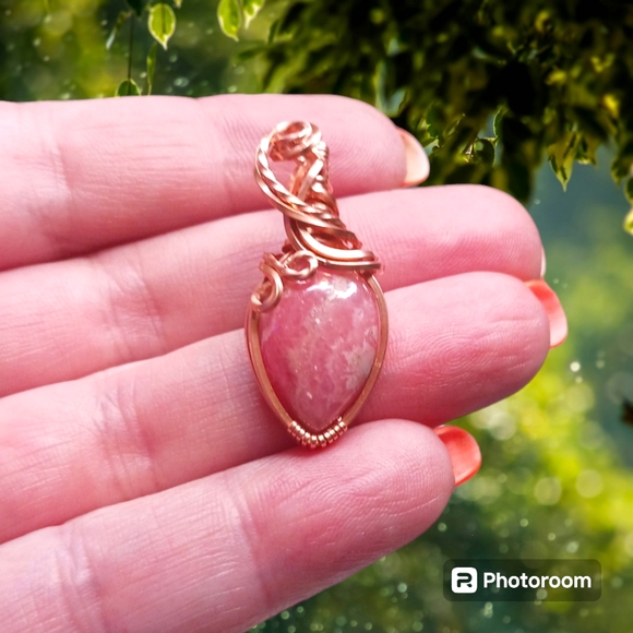 Artisan Jewelry - Artisan Copper Wire Wrap Rhodocrosite Pendant